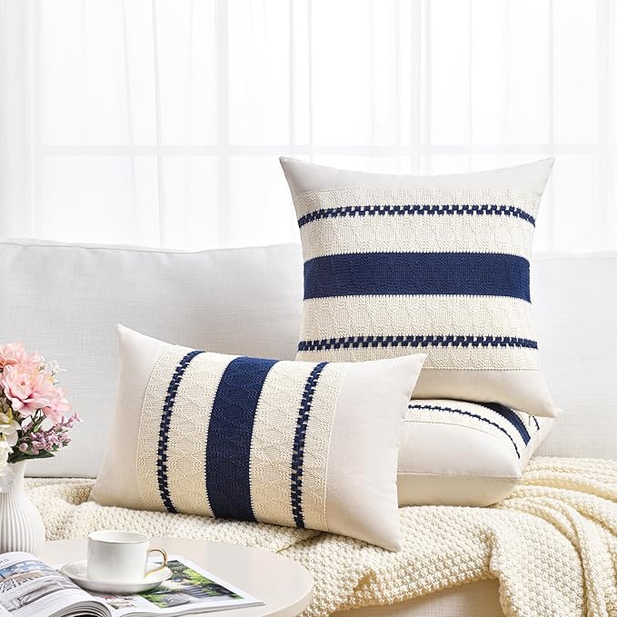 Fancy Homi Set of 2 Navy Blue Lumbar Decorative Throw Pillow Covers 12x20 Inch for Couch Bed Sofa Living Room, Aesthetic Modern Organic Farmhouse Home Decor, Soft Cotton Woven Textured Cushion Case