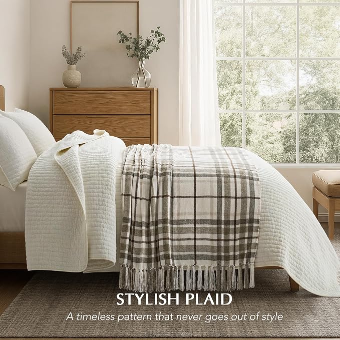 Plaid Chenille Knit Throw Blanket for Couch, 50"x60", Beige | Super Soft Knitted Throw with Tassels, Cozy, Decorative Farmhouse Plaid, Lightweight, Ideal for Bed Sofa Gift Home Decor