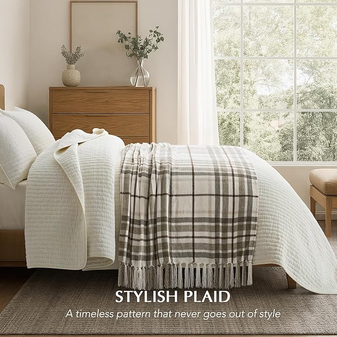 Plaid Chenille Knit Throw Blanket for Couch, 60"x80", Beige | Super Soft Knitted Throw with Tassels, Cozy, Decorative Farmhouse Plaid, Lightweight, Ideal for Bed Sofa Gift Home Decor