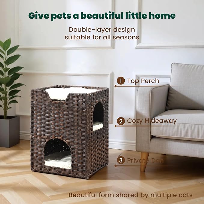 Cat Bed for Indoor Cats, a Stylish Cat Hideaway & Cat House - Handwoven Rattan Cat Cave Bed with Soft Cushion, Foldable Cat Cubes for Indoor Cats, Sturdy Cat Perch & Furniture Coffee Brown