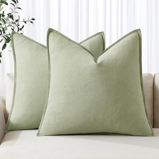MIULEE Decorative Linen Euro Sham Pillow Covers 24x24 Light Green | Boho Farmhouse Neutral Couch Throw Pillows for Bed, Pack of 2 Accent Modern Pillowcases, Sofa Livingroom Home Decor