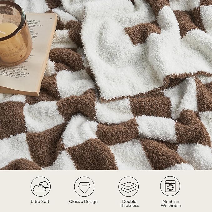 Snuggle Sac Checkered Throw Blanket for Couch, Super Soft, Cozy Warm Knit Blankets, Reversible Plaid Fluffy Throws for Sofa, Bed, Checkered Brown, 50x60 Inches