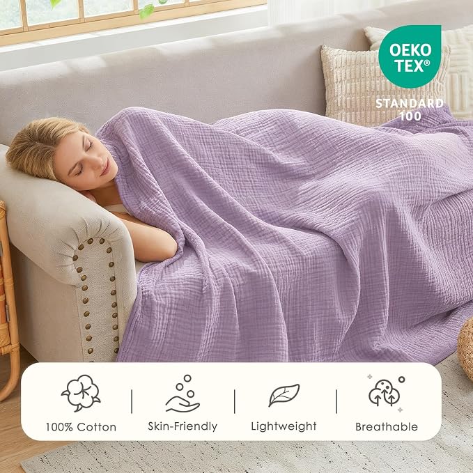 EMME Cotton Blanket Queen Size for Bed Soft Large Muslin Bed Blankets 90"x90" Lightweight Breathable All Season Gauze, Lavender