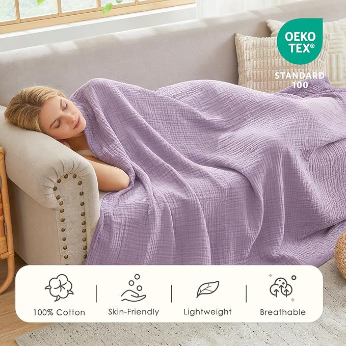EMME Muslin Blankets for Adults Throw Blanket for Couch Breathable Gauze Soft Lightweight Airy Lavender Twin XL 66" x 90"