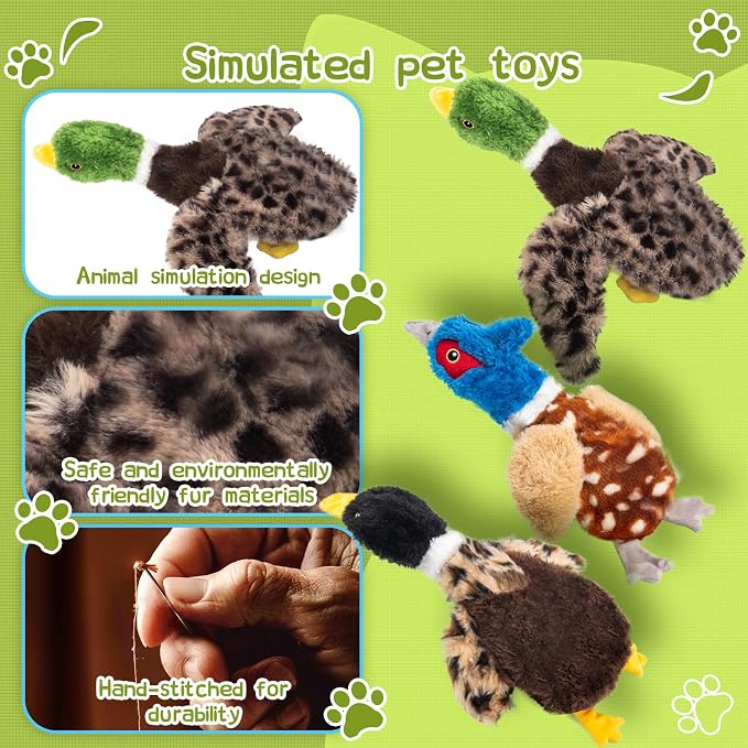 Stuffing-Free Duck Dog Toy, Plush Squeaky Toy with 4 Squeakers and Crinkle Wings, Hollow Body No-Stuffing Design for Small Medium Dogs