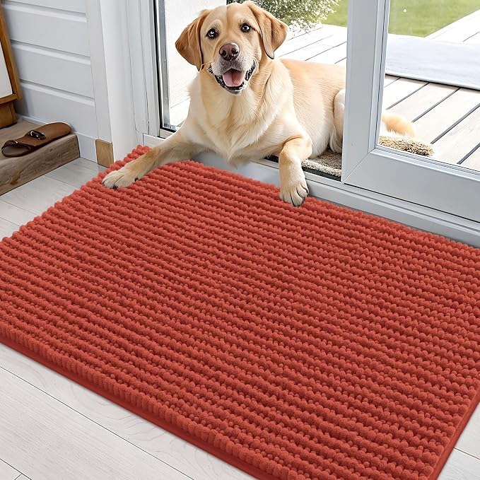 OLANLY Dog Door Mat for Muddy Paws 36x24, Extra Absorbent Chenille Mud Mat | Maple Red, Absorbs Moisture and Dirt, Non-Slip Machine Washable Doormat, Quick-Drying Indoor Entryway Floor Mat for Dogs