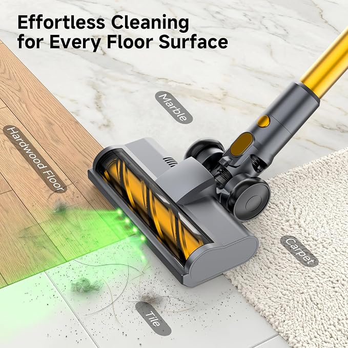 Cordless Stick Vacuum Cleaner - 45KPA Powerful Suction Vacuum with 45 Min Runtime, Detachable Battery, Anti-Tangle & 1.5L Dust Cup, 8 in 1 Vacuum Cleaner for Pet Hair, Carpet, HardFloor, Yellow