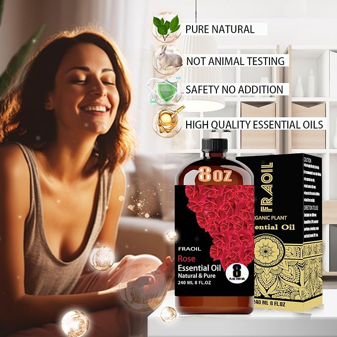 Rose Essential Oil, Rose Oil 8 Fl Oz 240ML for Diffuser Humidifier Yoga Cleaning DIY Candle Soap Making Perfume Gift for Women Essential Oils FRAOIL (Rose 8 Fl Oz (Pack of 1))