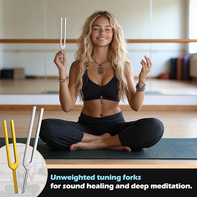 Tuning Forks for Healing, 4 PCS Aluminum Alloy Tuning Fork 128Hz, 136.1Hz, 256Hz, 384Hz, Hockey Puck Activator & Feet, Chain, Weighted & Unweighted Tuning Fork Set with Vegan Leather Pouch