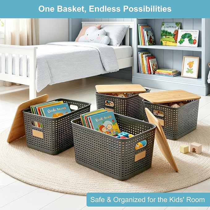 2 Pack Tall Plastic Storage Bins with Bamboo Lids, 10.8qt Stackable Storages Baskets for Organizing Desktop Closet Playroom Classroom Office, 12"L x 8.3"W x 6.1"H, Gray