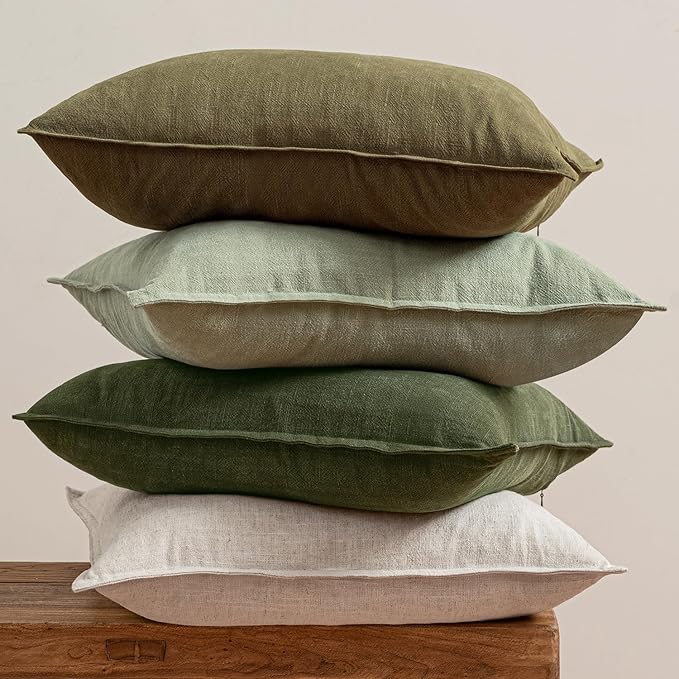 MIULEE Green and White Boho Linen Pillow Covers 20x20 Inch Pack of 4 | Natural Throw Pillow Covers, Soft Farmhouse Couch Pillowcases, Modern Decor for Living Room Bed Sofa