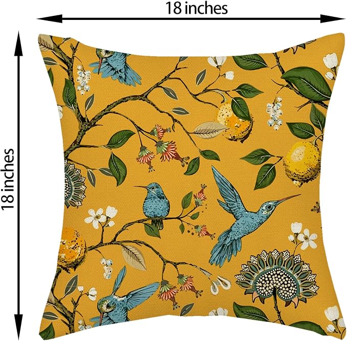 Chinoiserie Pillow Covers 18x18 Set of 2 Mustard Yellow Bird Floral Throw Pillows Vintage Yellow Lemon Flowers Decorations Pillowcase Outdoor Chinoiserie Decor Linen Cushion Case for Couch Home