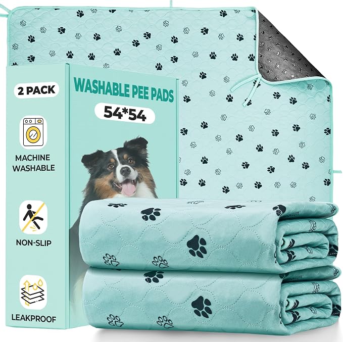 Fostanfly Washable Pee Pads for Dogs, Leak-Proof, 54"x54"-2 Pack, Green | Ultra-Absorbent, Waterproof, Non-Slip, Large Reusable Pee Pads for Puppy Potty Training, Crate and Playpen with 8 Tie Straps