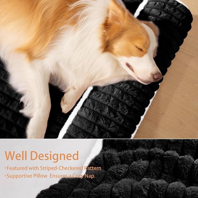Orthopedic Large Dog Bed Pillow Pet Sofa Bed 42''X28'' Black | Egg-Crate Foam Pet Couch Large Sized Dog, Waterproof Removable Washable Cover,Furry Puppy Crate Mat With Nonskid Bottom