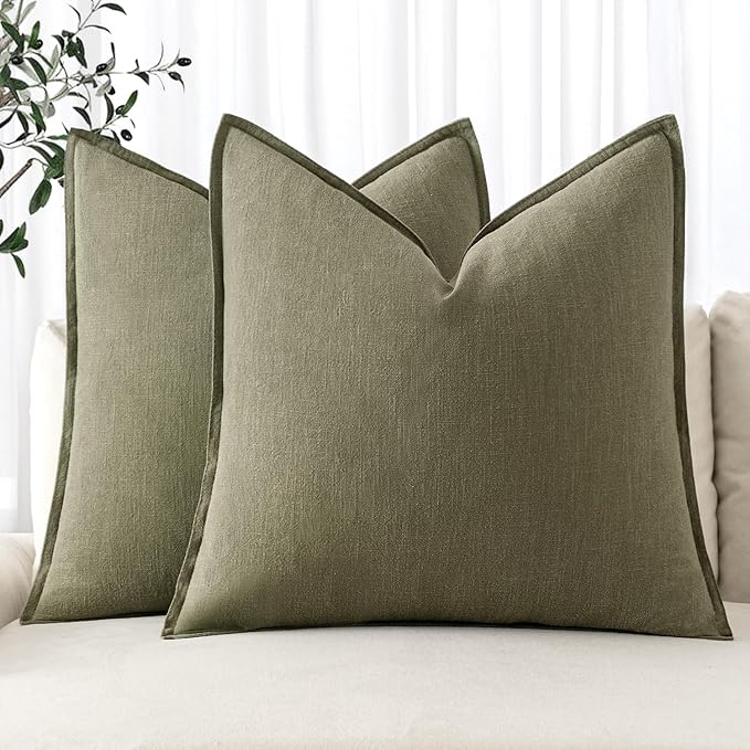 MIULEE Decorative Linen Pillow Covers 18x18 Inch Light Olive Green | Boho Farmhouse Neutral Couch Throw Pillows for Bed, Pack of 2 Accent Modern Pillowcases, Sofa Livingroom Home Decor
