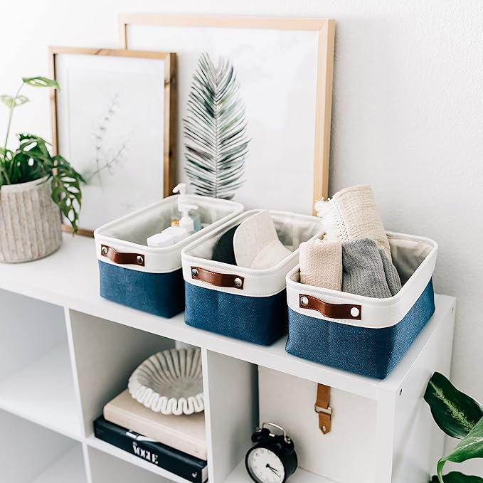 OrganiHaus 12x8in Canvas Storage Baskets, 3 Pack - Fabric Bins for Shelves | Vegan leather handles; a decorative pantry and office organizer, container for desk and books