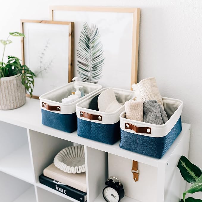 OrganiHaus 12x8in Canvas Storage Baskets, 6 Pack - Fabric Bins for Shelves | Vegan leather handles; a decorative pantry and office organizer, container for desk and books