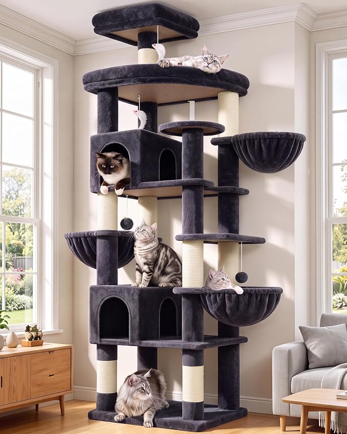 Globlazer Extra Large Cat Tree Tower, 82in Tall Heavy Duty Cat Tree for Indoor Cats Large Adult Big Cat Tower with 8 Scratching Posts, 2 Cat Condos, 2 Padded Perches, 3 Hanging Baskets, S82, Dark Gray