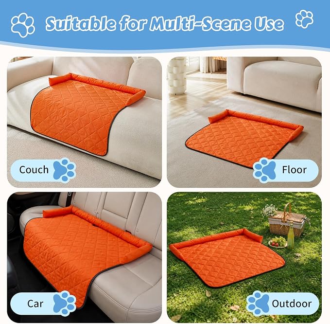 Cooling Dog Bed Mats with Neck & Head Support, 35.43 x31.5 inch Orange | for Small and Medium Dogs & Cats, Non-Slip, Machine Washable, Protects Sofa from Fur & Scratches