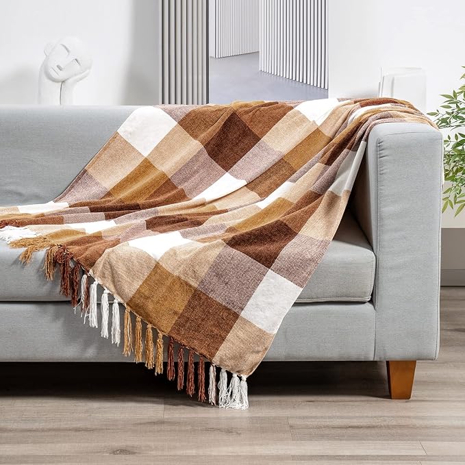 RECYCO Buffalo Plaid Chenille Throw Blanket, 50"x60", Brown Off White | Super Soft Knit Throw Blanket with Tassels, Lightweight, Cozy, Farmhouse Decor, Ideal for Couch Sofa Chair Bed Living Room
