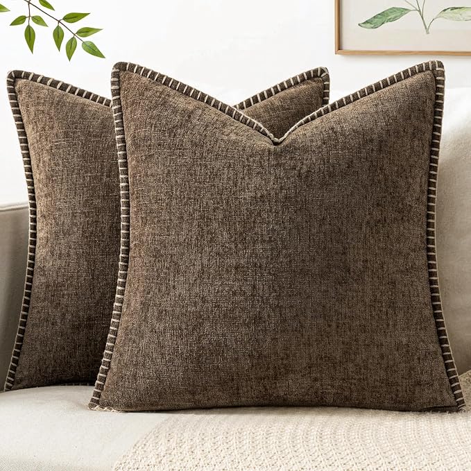 MIULEE Decorative Couch Throw Pillow Covers 20x20 Inch Brown 2 Pack | Farmhouse Pillow Covers with Stitched Edge, Soft Chenille Cushion Cases, for Sofa Bed Living Room Home Decor