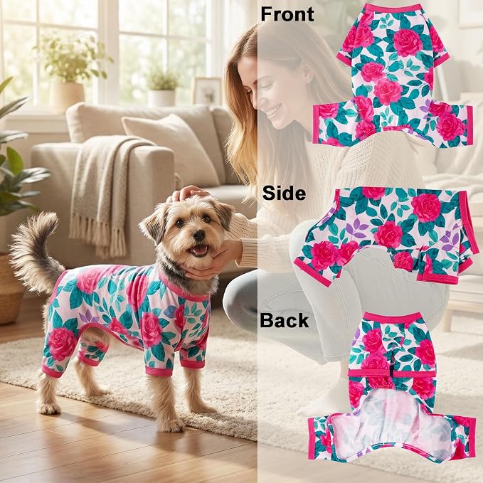 Dog Pajamas Summer Dog Clothes for Small Medium Dogs Girl Dog Pjs Cute Doggie Onesie Breathable Puppy Clothes Soft Stretchy Cat Pet Outfit (Rose Flower, XX-Large)