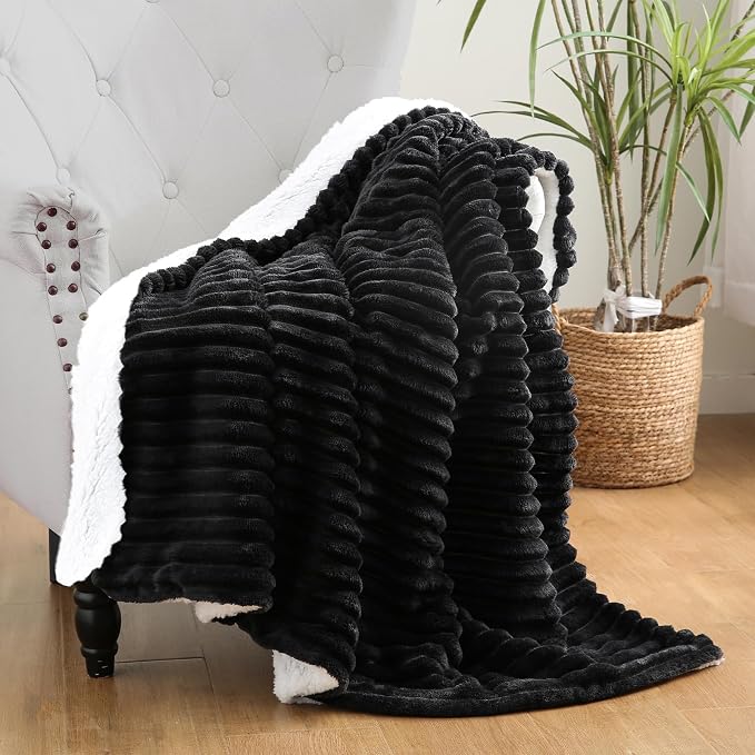 Black Sherpa Fleece Throw Blanket 50”×60” for Couch Sofa Bed | Double Side Soft Fuzzy Cozy Plush Thick Flannel Blanket with Striped Design Gift for Adults,Woman
