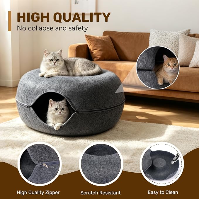 Cat Caves for Indoor Cats, Large Cat Tunnel for Multiple & Large Cats, Scratch Detachable Cave Bed, Kitten Donut Kitty Hideaway Up to 45 Lbs (Dark Grey +Light Grey, Jumbo, 2 Pack)