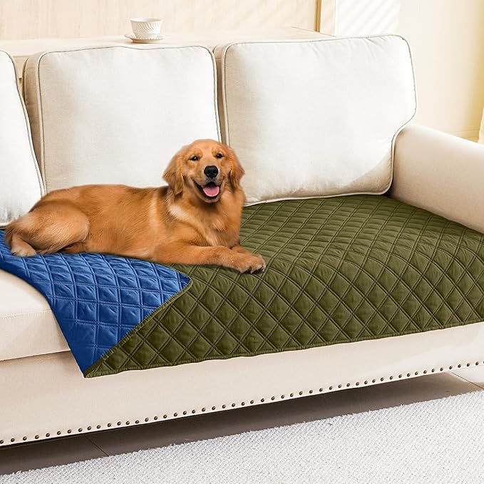 Smiry Waterproof Reversible Pet Couch Covers for Dogs | Pet Friendly, Soft Fabric, Washable Sofa Furniture Protector for Dogs Cat Kids, Checkered (30"x90", Green/Navy)