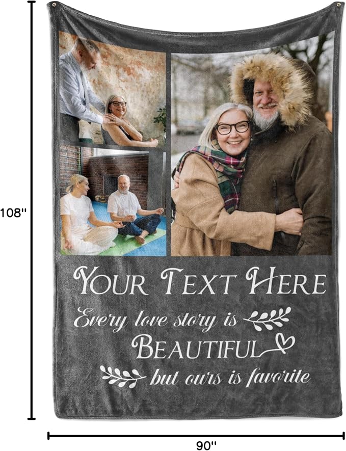 Personalized Photo & Text Blanket, Custom Picture Fleece Throw (4-Pic) | Printed in USA, ships next day, add 1-9 photos & custom text, fleece or sherpa, family keepsake gift, cozy home decor