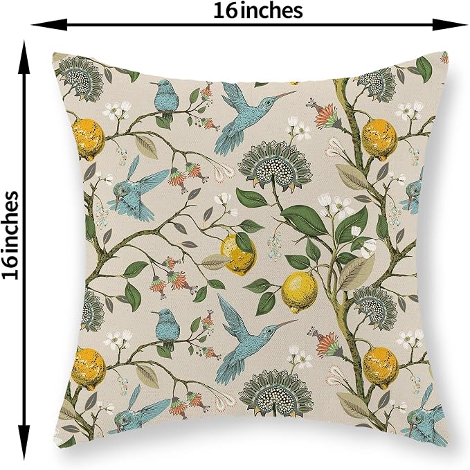 Chinoiserie Pillow Covers 16x16 Set of 2 Blue Green Bird Floral Throw Pillows Vintage Yellow Lemon Flowers Decorations Pillowcase Outdoor Chinoiserie Decor Linen Cushion Case for Couch Home