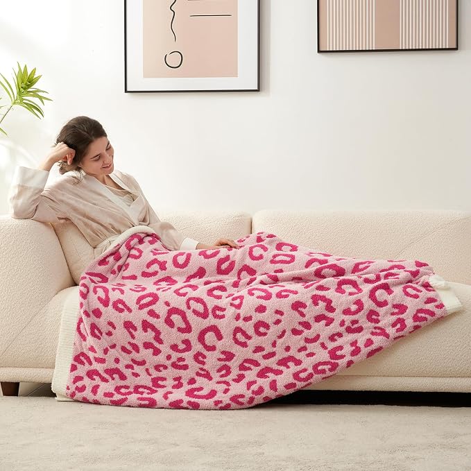 Snuggle Sac Hot Pink Leopard Throw Blanket for Couch - Ultra Soft Warm Plush Blanket, Reversible Cheetah Blanket for Sofa & Bed, Pink Leopard, 50x60 inches