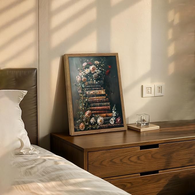 Vintage Framed Wall Art Flowers Books Canvas Prints, Dark Academia Wildflowers Oil Painting, Botanical Book Pictures Artwork for Living Room Bedroom Study – Dark Wooden Frame 12x16in