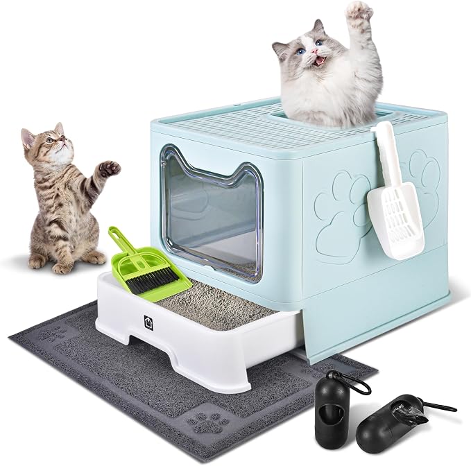 Covered Cat Litter Box, Extra Large Drawer Design with Dual Entry,Baby Blue | 13L litter capacity, adjustable door, leakproof structure, cleaning accessories, complimentary cat litter mat