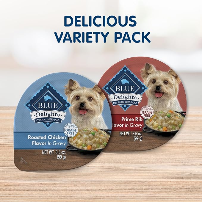 Blue Buffalo Delights Variety Pack Small Breed Wet Dog Food, 3.5 oz, 12 ct | Chicken & Prime Rib (6 of Each), Adult Formula, Grain-Free, No Corn, Wheat, or Soy