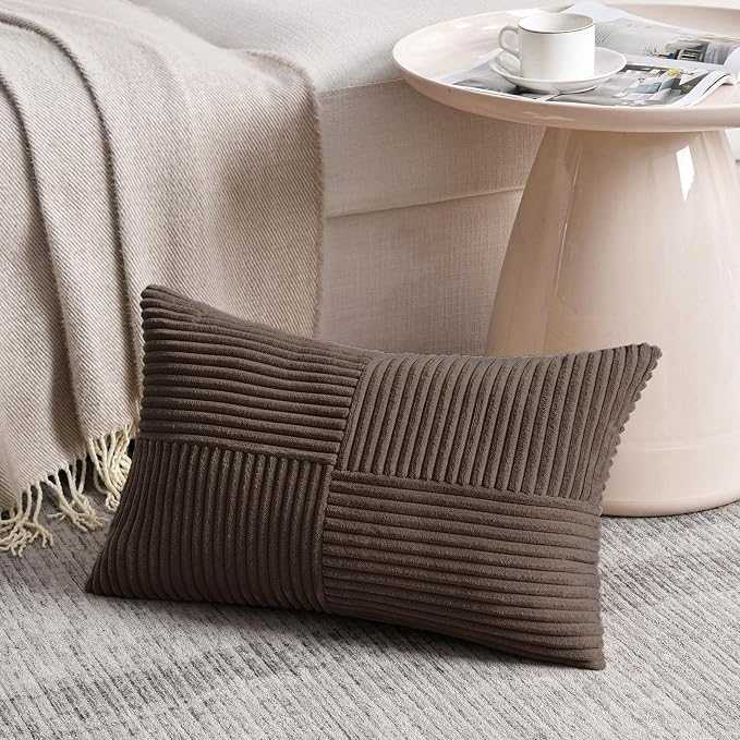 Fancy Homi Set of 1 Dark Brown Long Lumbar Decorative Throw Pillow Covers 16x24 Inch for Couch Bed Sofa, Rustic Farmhouse Boho Home Decor, Soft Striped Corduroy Rectangle Accent Cushion Case 40x60 cm