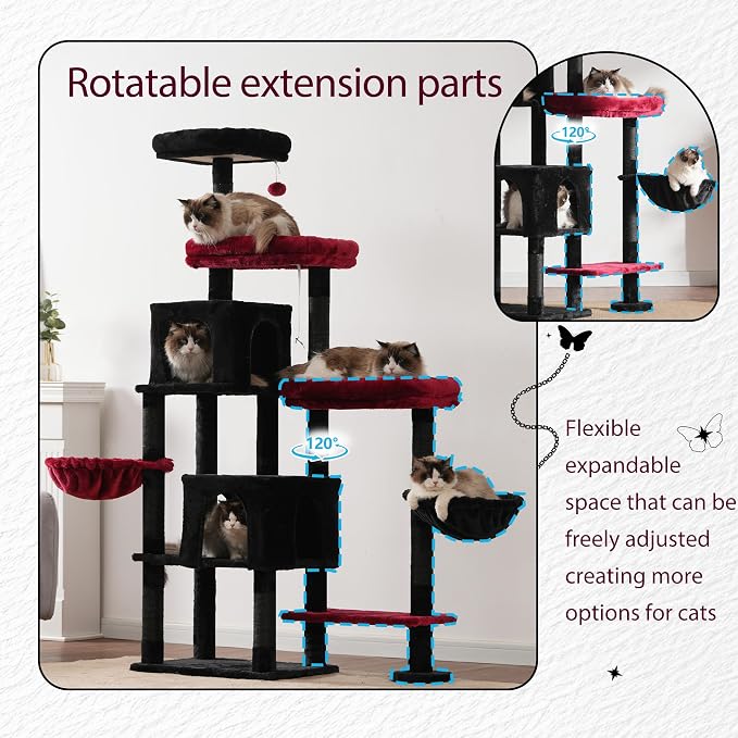 Hey-brother Cat Tree Tower with Stable Extended Base, 3 Platforms, MPJ038BR | 70.9 Inches Multi-Level Sisal Scratching Posts, Wide Bed, 2 Cozy Condos, 2 Hammocks, Toy Balls for Indoor Cats, Black and Red