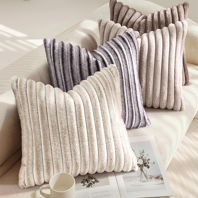 decorUhome Fall Faux Fur Throw Pillow Covers 12x20 Set of 2 Light Coffee | Decorative Soft Cozy Striped Plush Modern Farmhouse Boho Couch Pillow Cases Velvet Back for Sofa Bed Living Room Home Decor