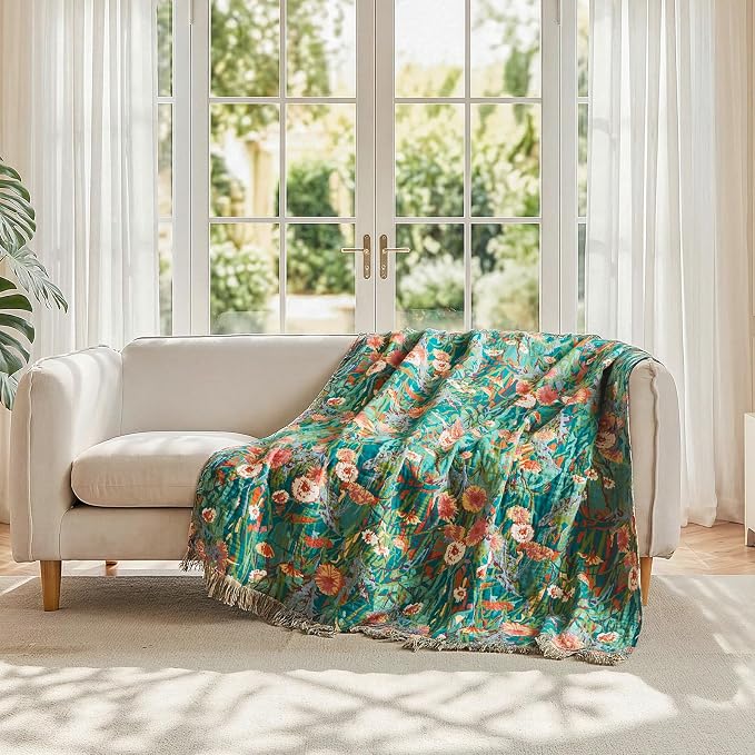 LUTBM Boho Throw Blanket for Bed 60"x80", All Season Cotton Couch Blankets | Reversible Floral Jacquard, Summer Lightweight Breathable Muslin Twin Quilt, For Chair Sofa Bedroom Living Room, Home Decor