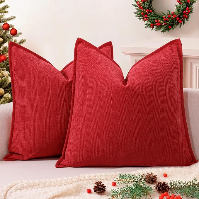 Red Pillow Covers 26x26 Set of 2 Chenille Throw Red Pillows Cushion Covers with Elegant Design Soft and Luxurious Decorative Pillows for Couch, Bed, and Home Decor