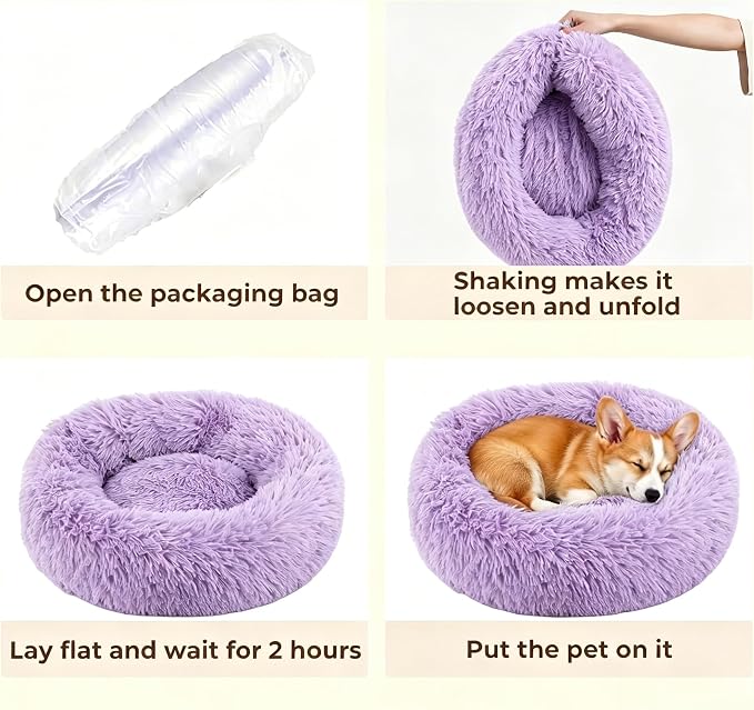 Calming Donut Dog and Cat Bed for Indoor Cats, Anti-Anxiety Round Fluffy Soft Washable Small Pet Bed for Puppy and Kitten, Warming Comfortable Luxury Anti-Slip Waterproof Mute Base 20in Purple