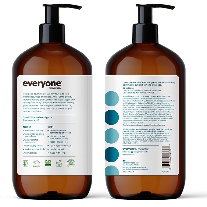 Everyone 3-in-1 Soap, Body Wash, Bubble Bath, Shampoo, 32 Ounce (Pack of 2), Pacific Eucalyptus, made with Essential Oils for Men and Women