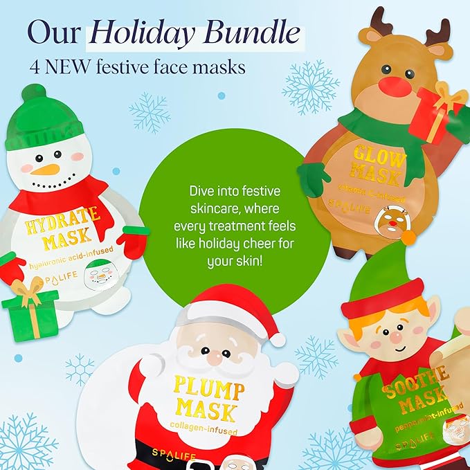 SpaLife Beauty Santa’s Workshop Christmas Face Mask Bundle | Korean Facial Masks | Hydrating, Soothing and Firming Sheet Mask Set | Christmas Face Masks for Women | Spa Party Favors | 12 Pack