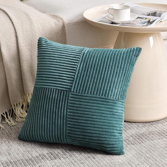 Fancy Homi Set of 1 Teal Square Decorative Throw Pillow Covers 14x14 Inch for Living Room Bedroom Couch Bed Sofa, Soft Striped Corduroy Modern Rectangle Accent Cushion Case 35x35 cm