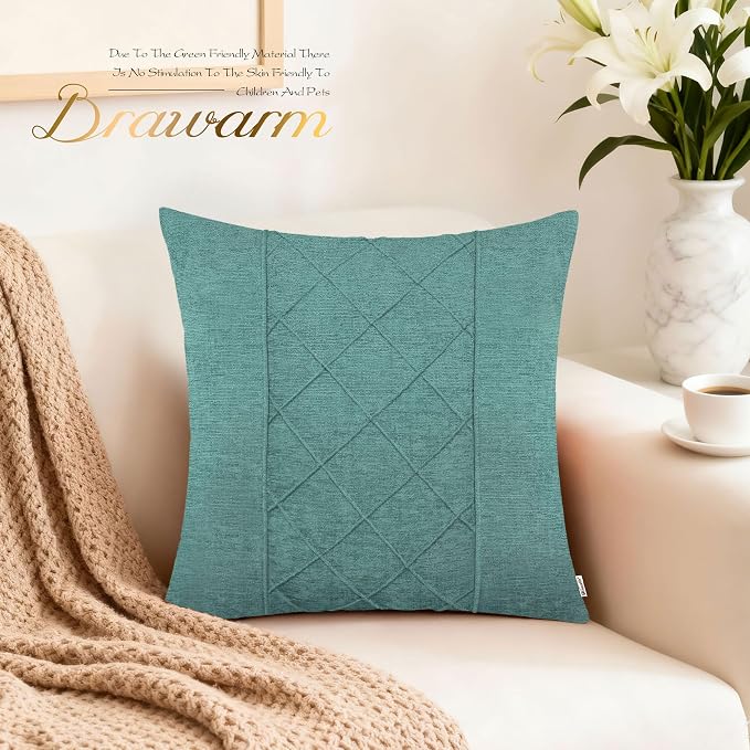 BRAWARM Chenille Throw Pillow Covers 20x20 Inches, Teal, 2 Pack | Decorative Pleated Pillow Covers, Soft Cushion Cases for Sofa Bed Living Room Home Farmhouse (No Insert)