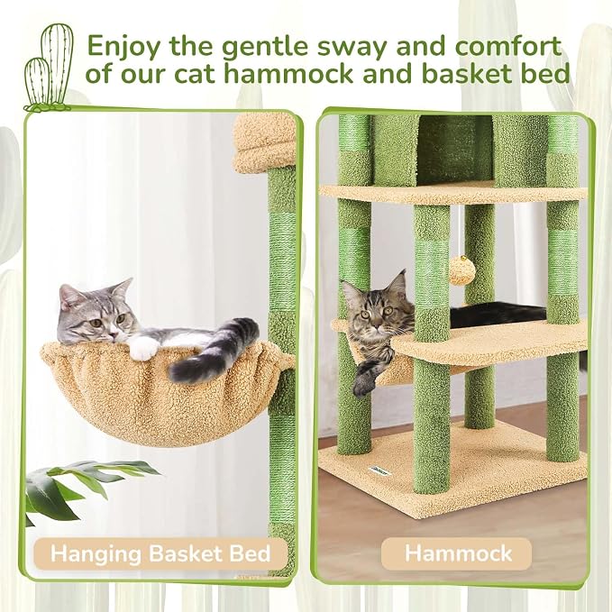 Globlazer Cactus Corner Cat Tree Tower with Scratching Post, C51, Green | 51in Space-Saving Multi-Level Green Cat Condo for Indoor Cats with Hammock, Large Top Perch for Large Cats, Cozy Cat Cave