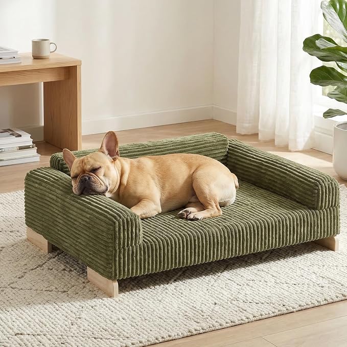 Veehoo Elevated Dog Bed Indoor, Wood Furniture Style Dog Couch Sofa | Small medium dogs sofa, sturdy wood frame, washable cover, easy assembly, supportive foam