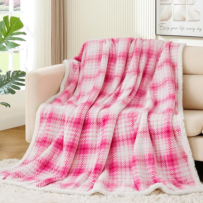 Sherpa Plaid Throw Blanket, 60" X 70" Fuzzy Fluffy Cozy Soft Blanket, Fleece Flannel Plush Twin Size Microfiber Blanket for Couch Bed Sofa, White&Pink