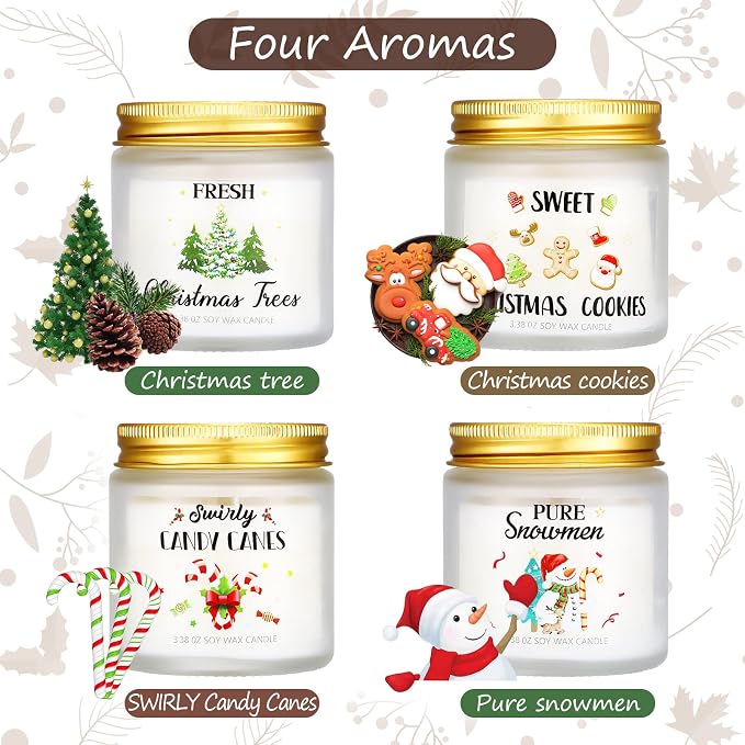 4 Pcs Christmas Scented Candles Gift Set 3.38 oz Mini Soy Wax Xmas Fresh Aromatherapy Holiday Jar Candle Gifts Christmas Tree Cookies Candy Cane Snowman Scent for Women Men