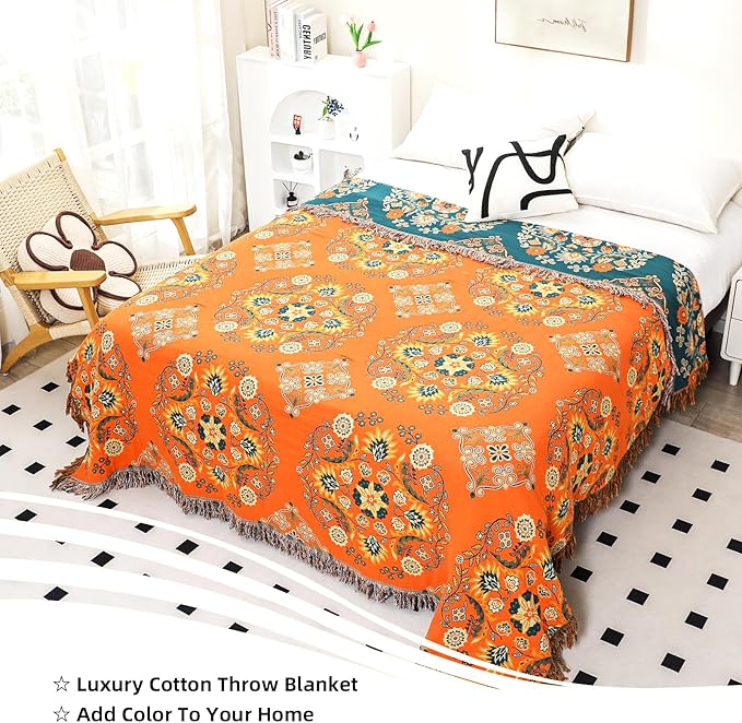 VANJOROY Boho Large Throw Blanket, 100% Organic Cotton Breathable Soft Bed Throw - Floral Farmhouse Decor Blanket for Sofa Couch Chair and Gift. 91" x 98"- Orange